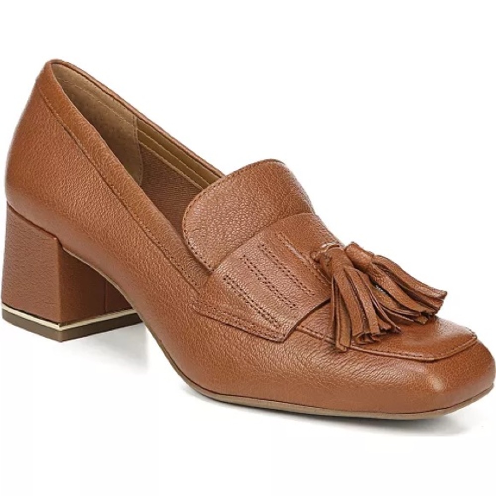 Franco Sarto Cognac Leather Rome Tassel Loafer Heels, NWOT
